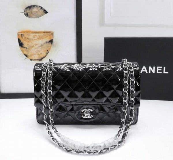 Chanel Glitter Patent Quilted Evening Star Medium Double Flap Black with Silver Hardware 25*14*7 CM (Next to Original)