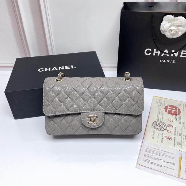 Chanel Quilted Medium Double Flap Gray with Golden Hardware 25*14*7 CM (Next to Original)