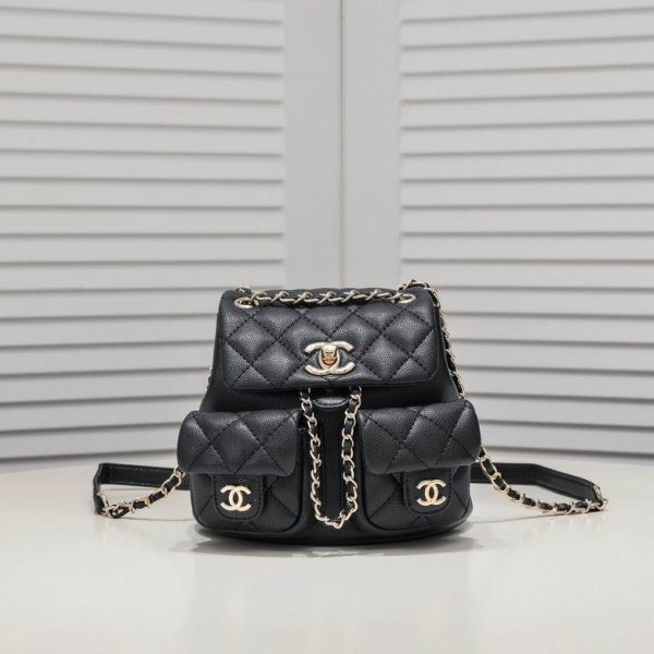 Chanel Quilted Mini Duma Pockets Drawstring Backpack Black with Golden Hardware 17.5*16.5*10 CM (Next to Original)