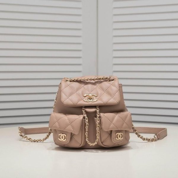 Chanel Quilted Mini Duma Pockets Drawstring Backpack Beige with Golden Hardware 17.5*16.5*10 CM (Next to Original)
