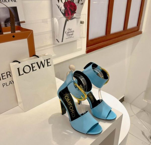 Tomford Oversized Buckle Satin Ankle-Strap Sandals in Blue