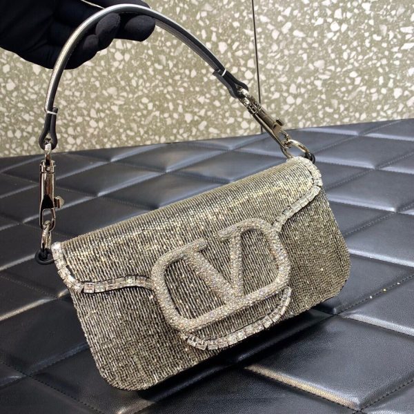 Valentino Garavani Loco Embroidered Small Shoulder Bag in Silver 19*10.5*5 CM (Mirror Quality)