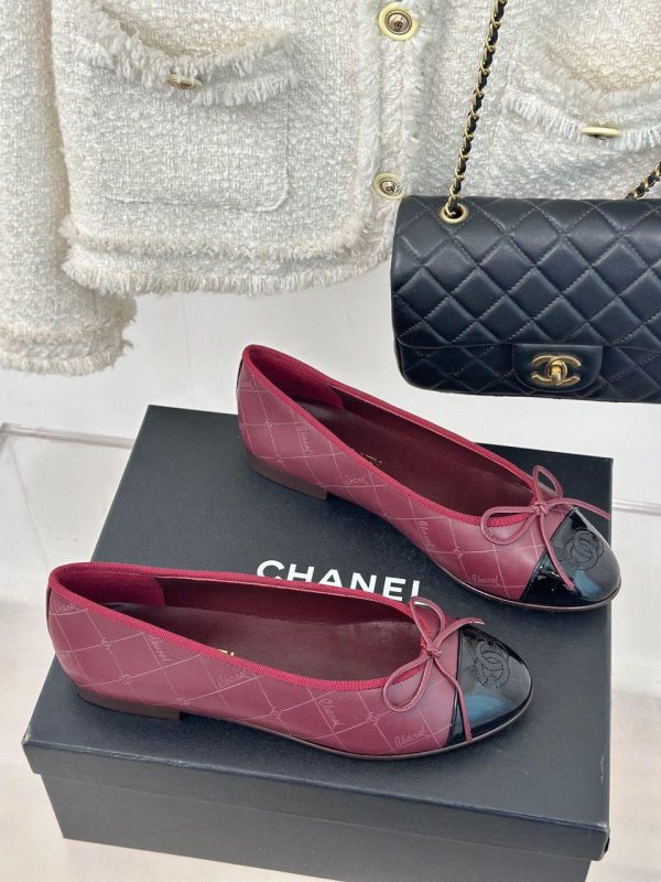 Chanel Caviar Quilted CC Cap Toe Ballerina Flats Black Red