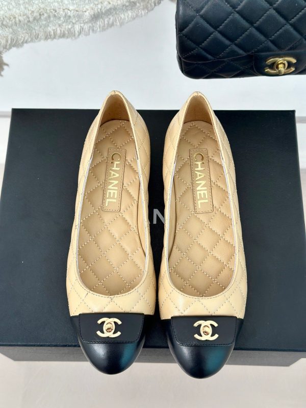Chanel Caviar Quilted CC Cap Toe Ballerina Flats Beige