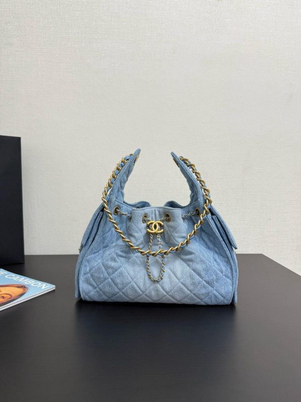 Chanel Washed Denim & Gold-Tone Metal in Blue 27*20*13 CM (Mirror Quality)
